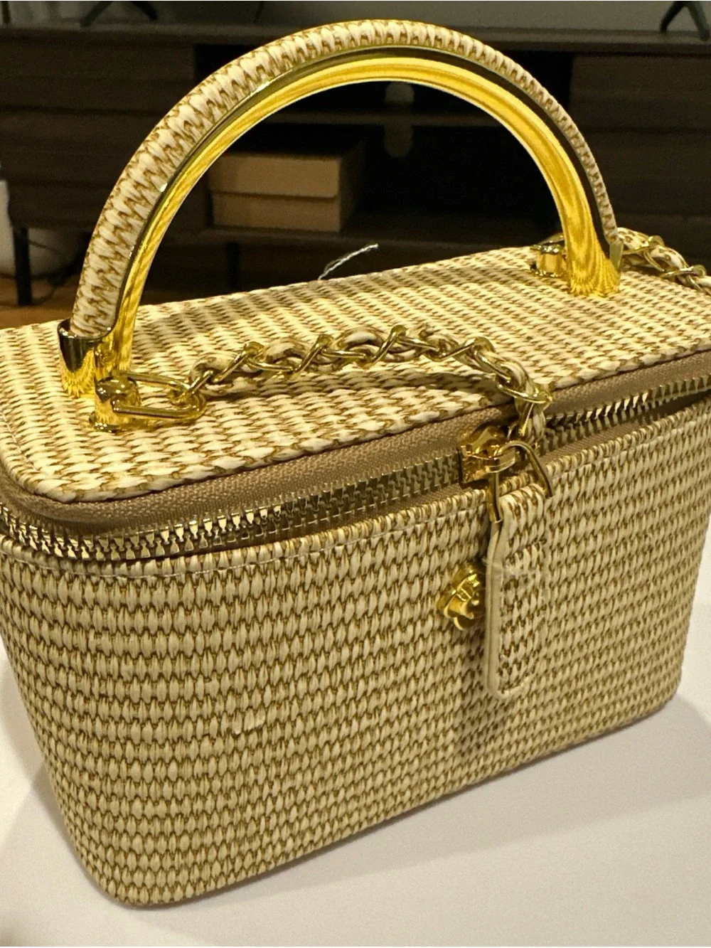 Woven Beige Crossbody Vanity Bag with Gold Handle